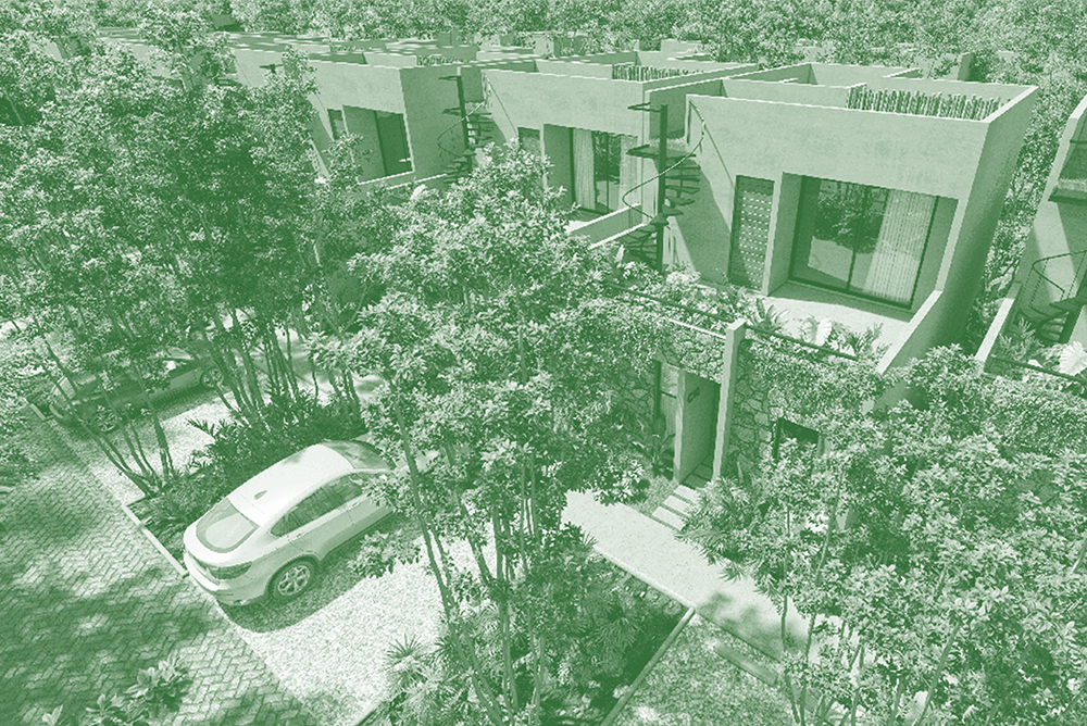 Aldea de casas modernas y mucha vegetación